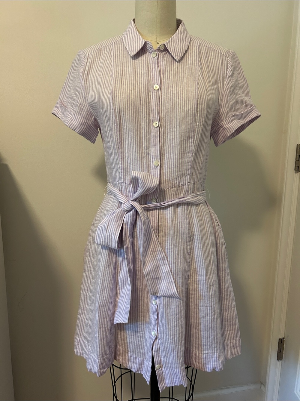 Hill House Lavender-Striped Tie-Waist Linen Shirt Dress